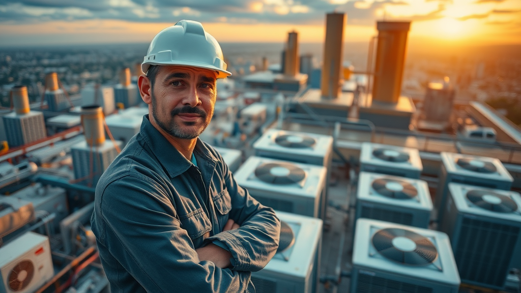 Commercial HVAC service expert technician plumbing & heating rooftop systems cityscape
