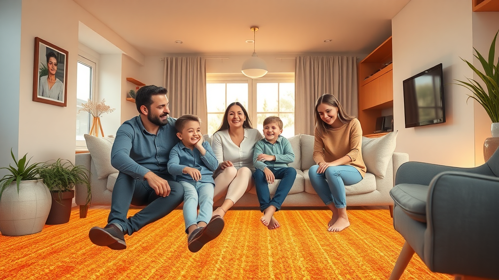 Modern family home with underfloor heating running costs savings, warm ambiance, visible radiant floor