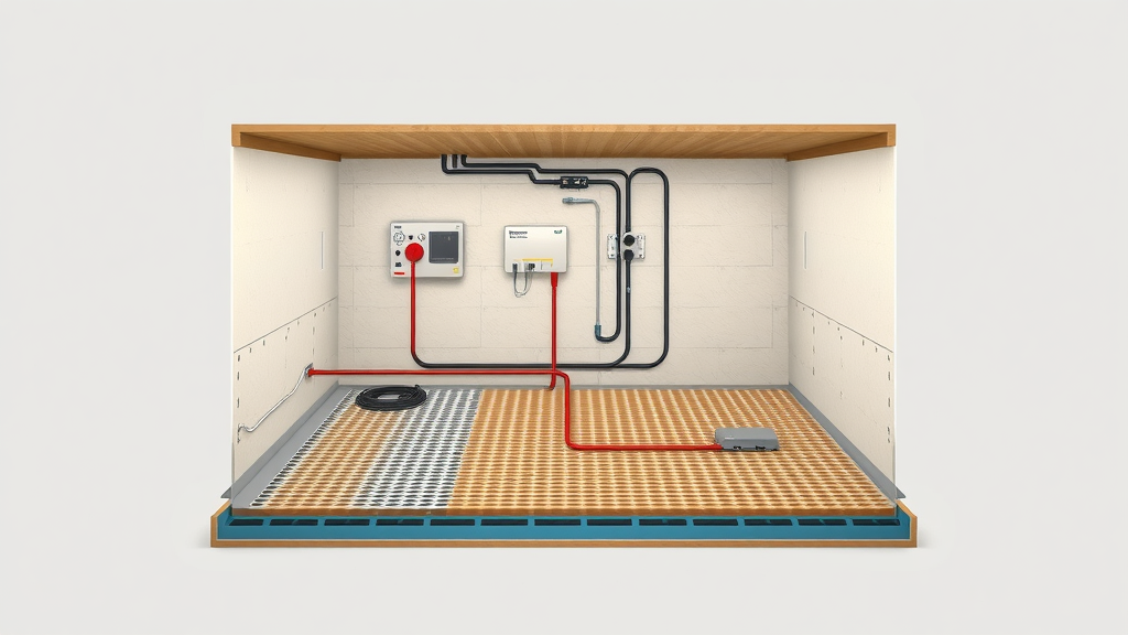 Cutaway diagram comparing electric and water underfloor heating systems: cable mats vs water pipes