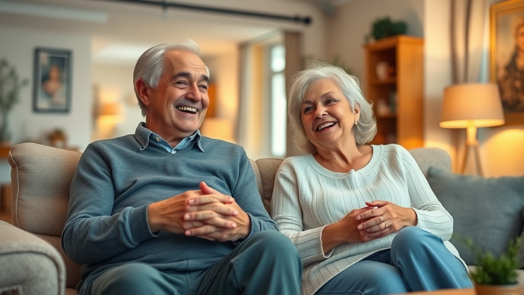 Retired couple enjoying low underfloor heating running costs, comfort, warmth in living room