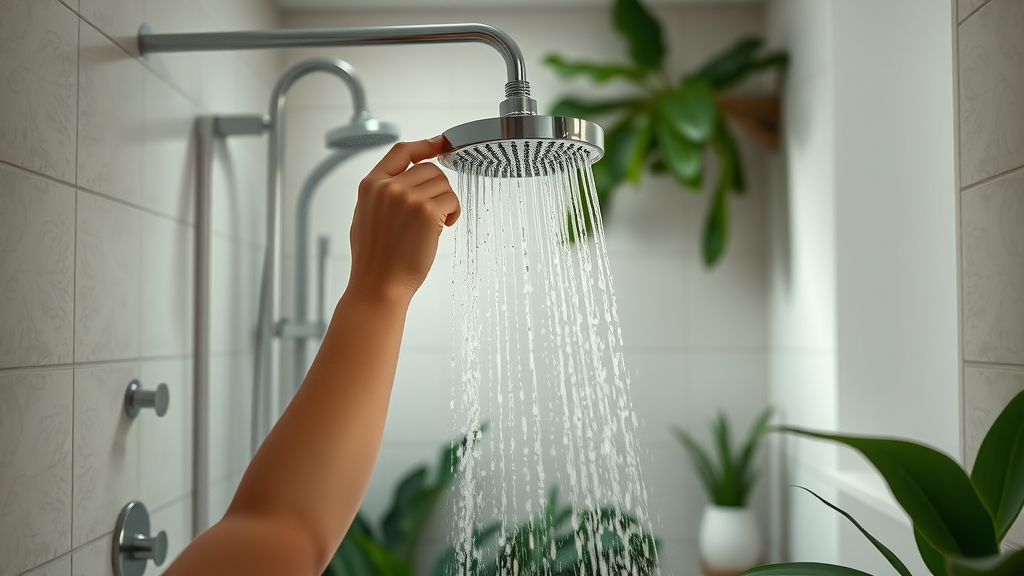 A modern eco-friendly home bathroom with a person adjusting a low-flow showerhead. Lush plants and steam details add to the calm, sustainable environment.