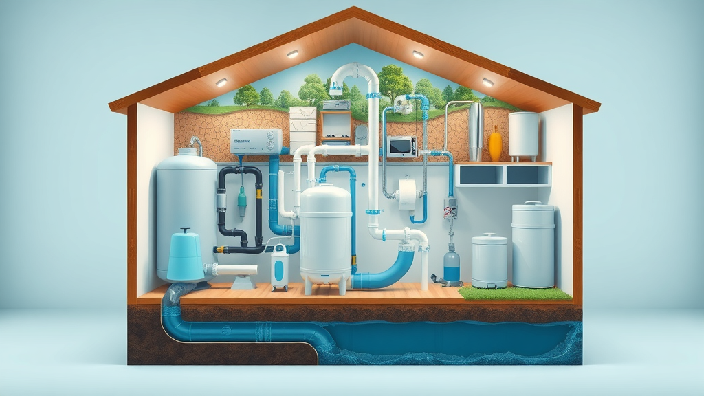 Cutaway view of eco-friendly plumbing systems in a modern home. Colored pipes, tanks, and water flow detailed with clarity against an earth and building cross-section background.
