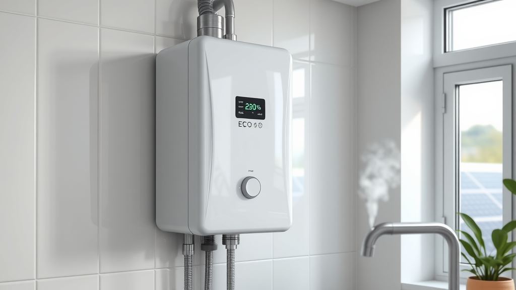 Sleek tankless water heater with eco settings in a modern utility room. A digital display, subtle solar panels through the window, and steam from a faucet reflect energy-saving technology.