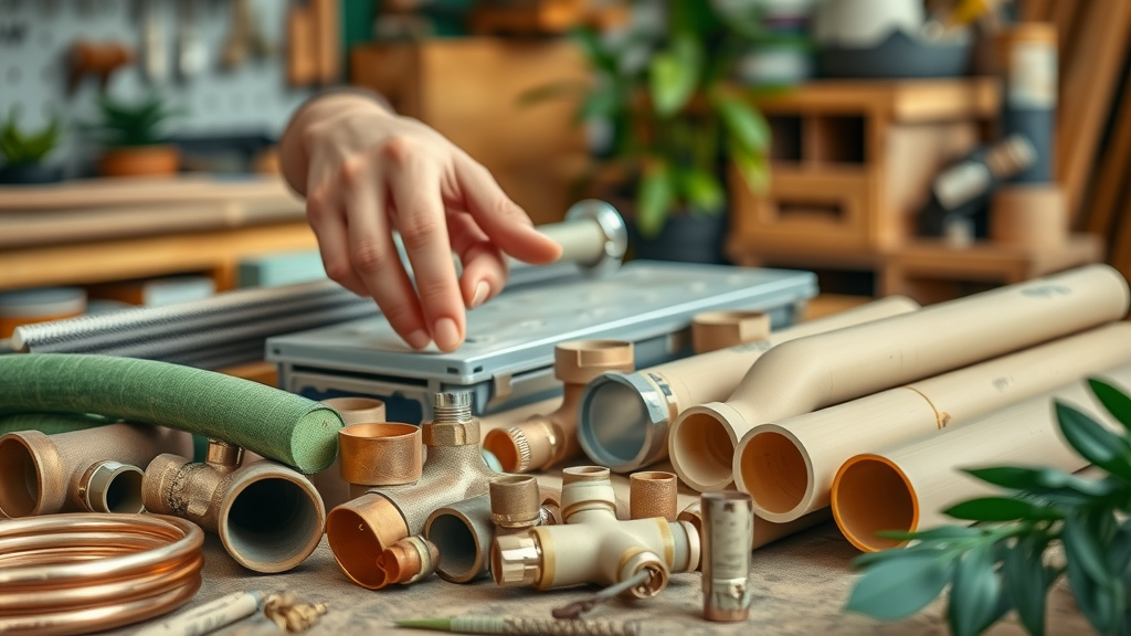 Selection of sustainable plumbing materials like recycled copper, PEX pipes, and bamboo fittings, sorted on an eco-friendly workbench in soft green earth tones.