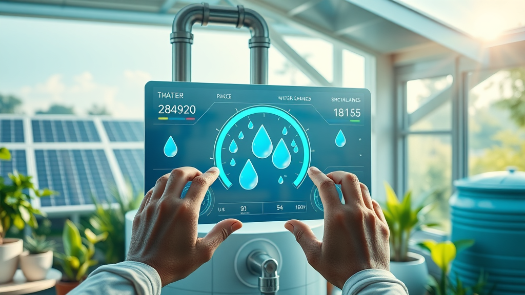 Futuristic smart home with a glowing water-saving dashboard, visible solar panels, rainwater tanks, and lush eco-friendly landscaping. Emphasis on advanced green plumbing systems.