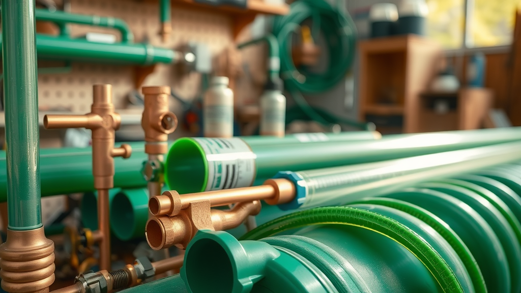 Close-up of various green plumbing materials including copper pipes, PEX piping, and solar system components, showcasing eco-friendly plumbing solutions, green plumbing materials
