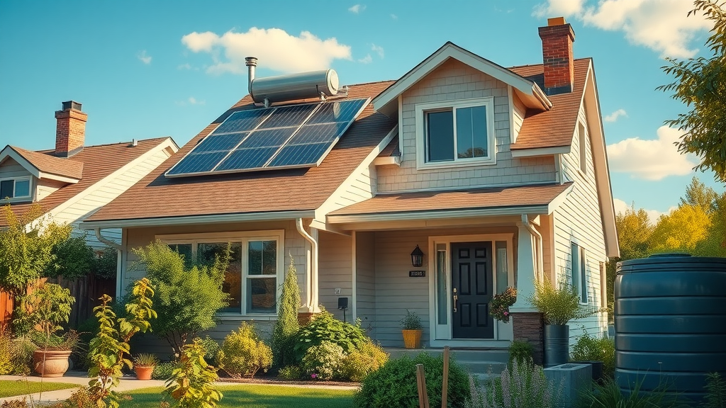 Eco-friendly home with rooftop solar water heater and tankless unit, green plumbing system, lush gardens and rain barrels for water efficiency, green plumbing