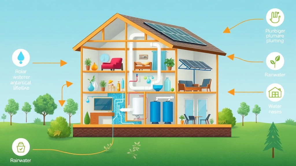 Infographic showing rainwater harvesting, solar water heater, and green plumbing features in a sustainable home, environmental impact of green plumbing materials