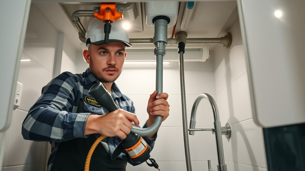 Professional plumber installing eco-friendly pipes, clear before-and-after view under modern kitchen sink, green plumbing materials installation