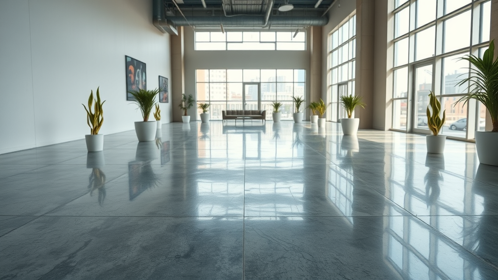 Polished screed or concrete flooring with underfloor heating, contemporary open plan space with warmth shimmer, best floor for underfloor heating