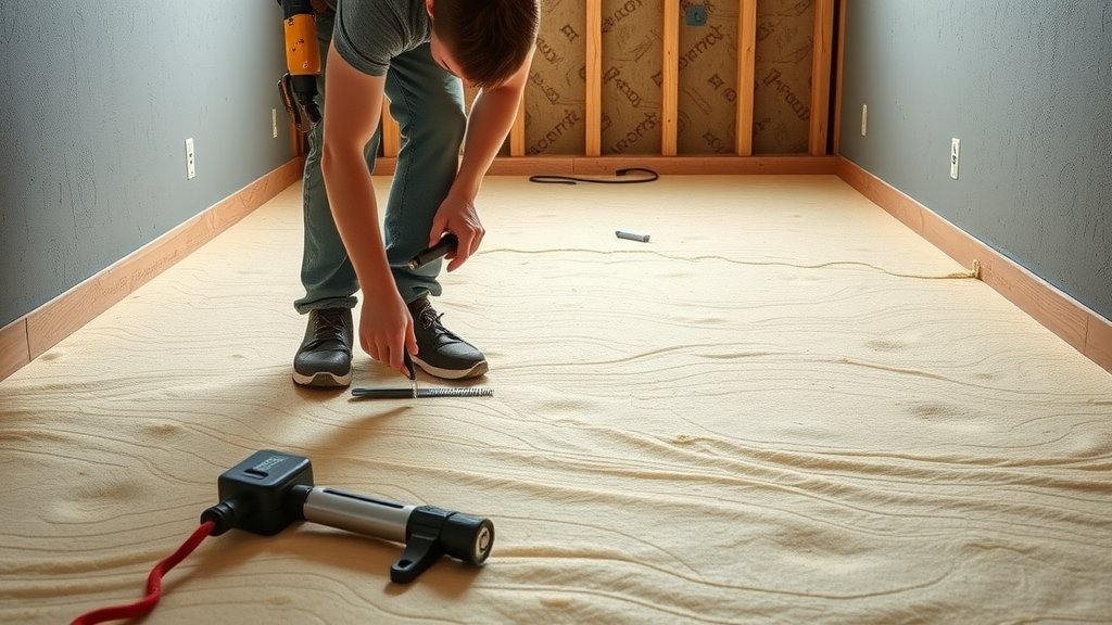 Skilled installer preparing subfloor with insulation for underfloor heating and best type of flooring with UFH