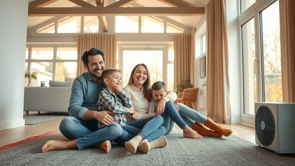 modern energy efficient home with underfloor heating and heat pump, open-plan living room