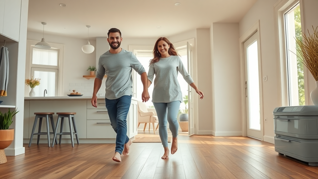 luxurious modern home with underfloor heating and heat pump, happy family barefoot