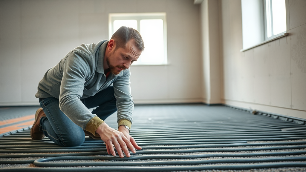 professional installer fitting underfloor heating system with heat pump