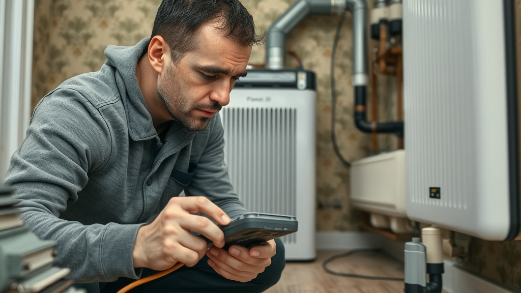 engineer diagnosing an older home heating system for underfloor heating with heat pump