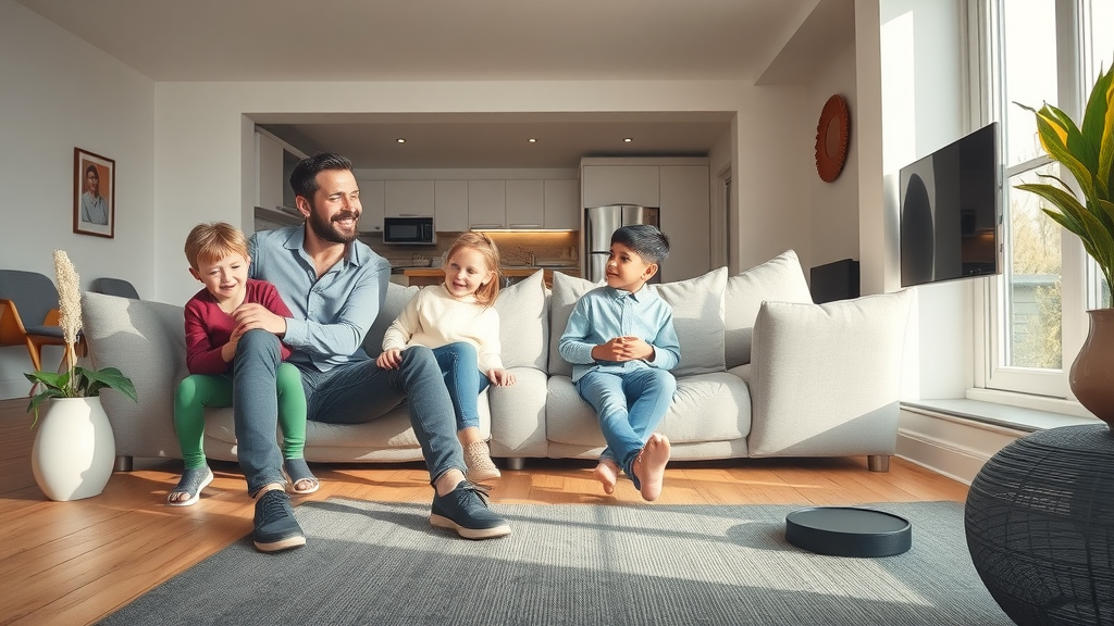 sleek modern UK home interior with discreet low-profile underfloor heating comfort, open plan living, stylish flooring, natural daylight, happy family relaxing