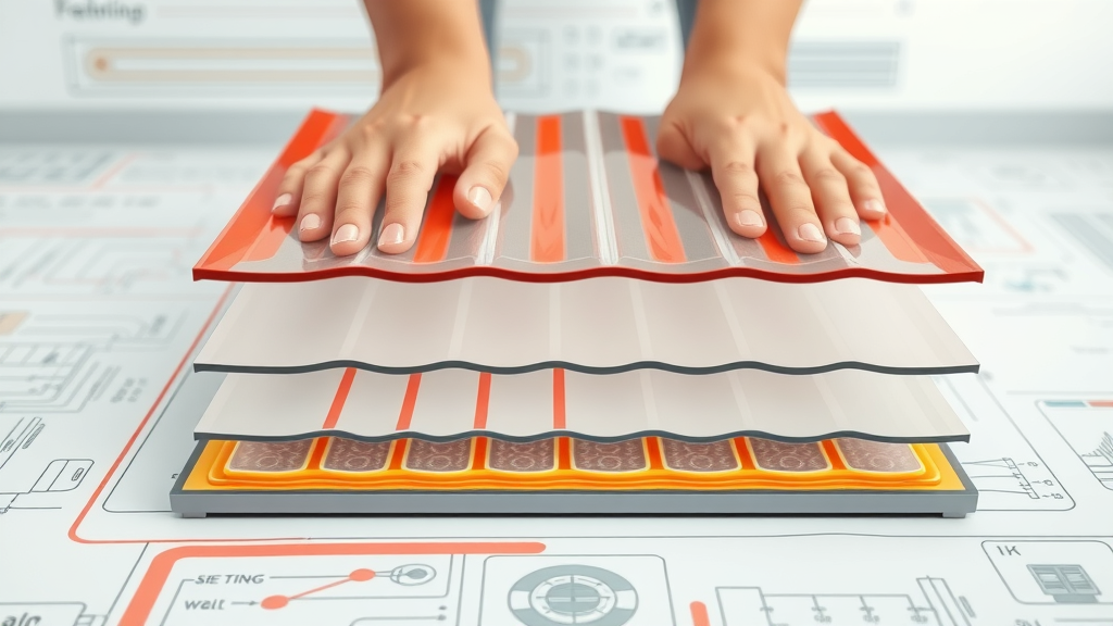 cross-section diagram of low-profile underfloor heating system layers showing technical details and heating elements