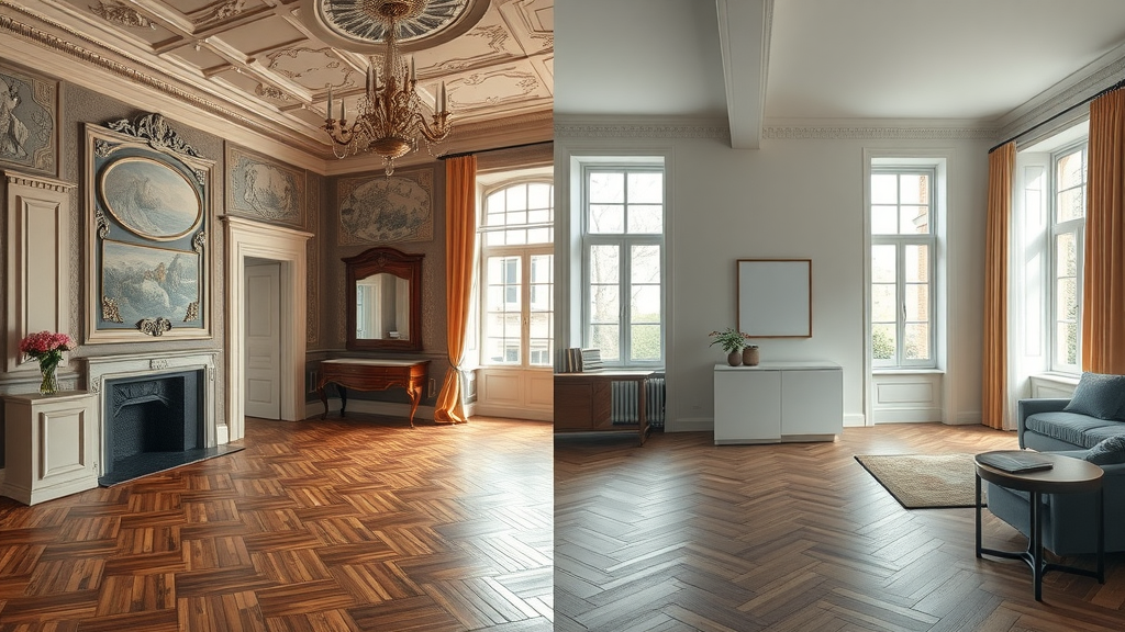 side by side of heritage and modern home interiors with low-profile underfloor heating, seamless warm finishes