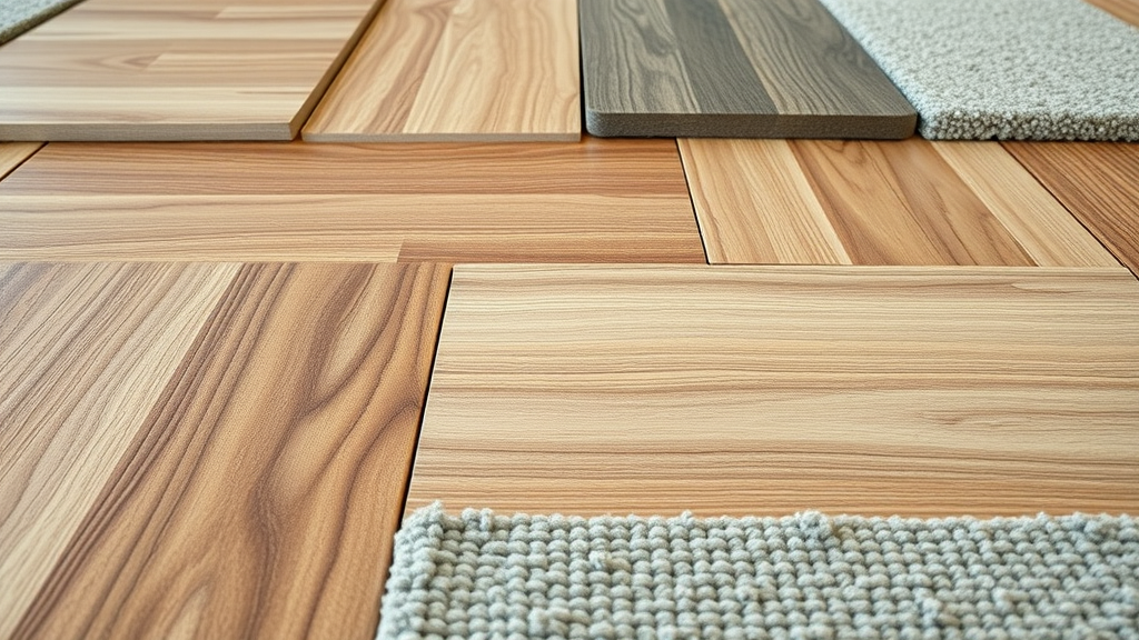 selection of modern and traditional floor coverings on a low-profile underfloor heating system—hardwood, tiles, carpet—showing seamless, undisturbed finish