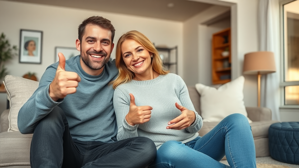 happy homeowner couple in stylish contemporary home, enjoying the comfort of low-profile underfloor heating; warm flooring focus