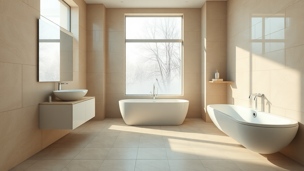 Modern bathroom with tiled floor showing underfloor heating system for a bathroom renovation, daylight streaming through windows, inviting atmosphere