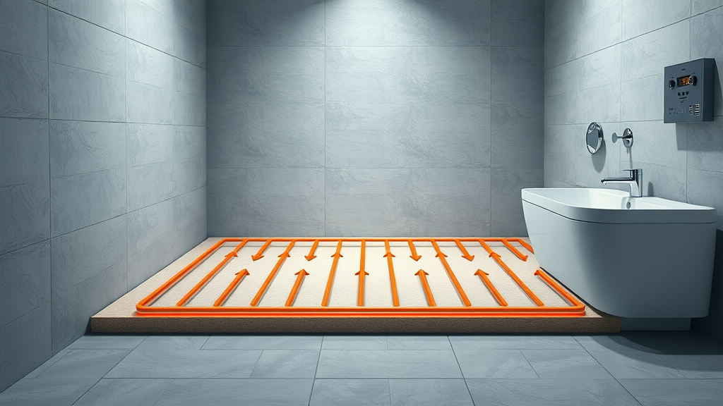 Cross-section of bathroom floor with electric and wet underfloor heating systems, with arrows indicating heat flow, detailed bathroom renovation schematic