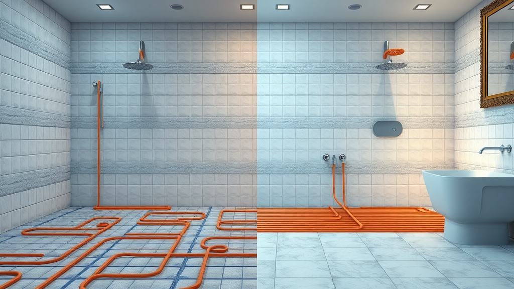 Diagram comparing electric mat and warm water pipe underfloor heating systems for bathroom renovations, technical side-by-side view