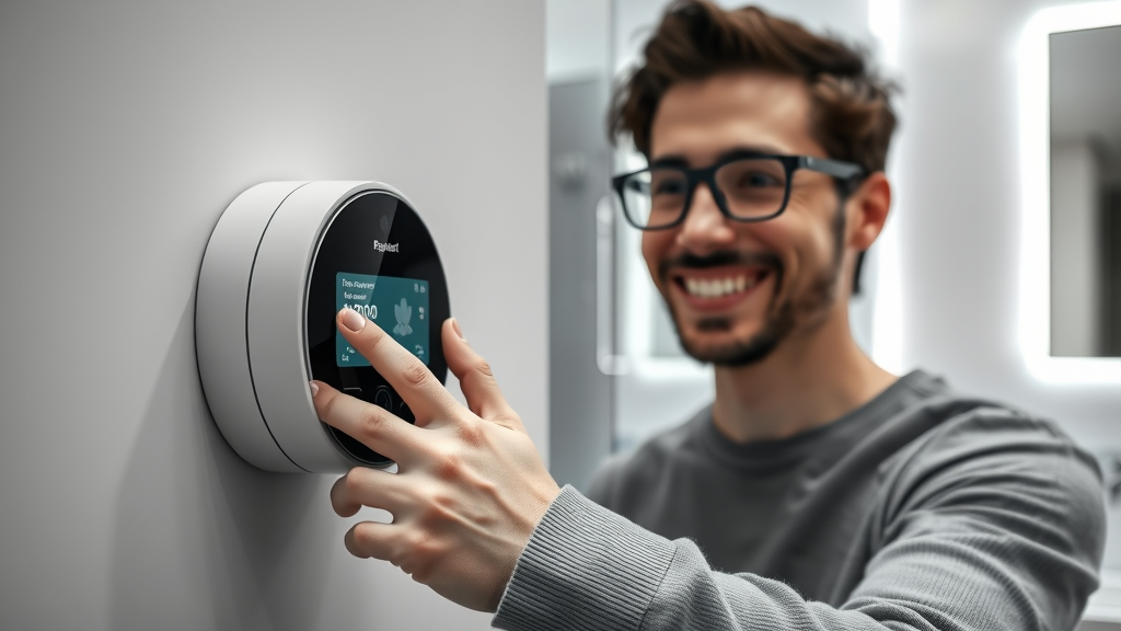 User setting smart digital thermostat for bathroom underfloor heating system, modern bathroom in background