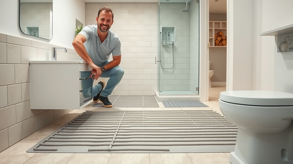 Homeowner inspecting underfloor heating mat being installed above original bathroom floor, minimal excavation, renovation project