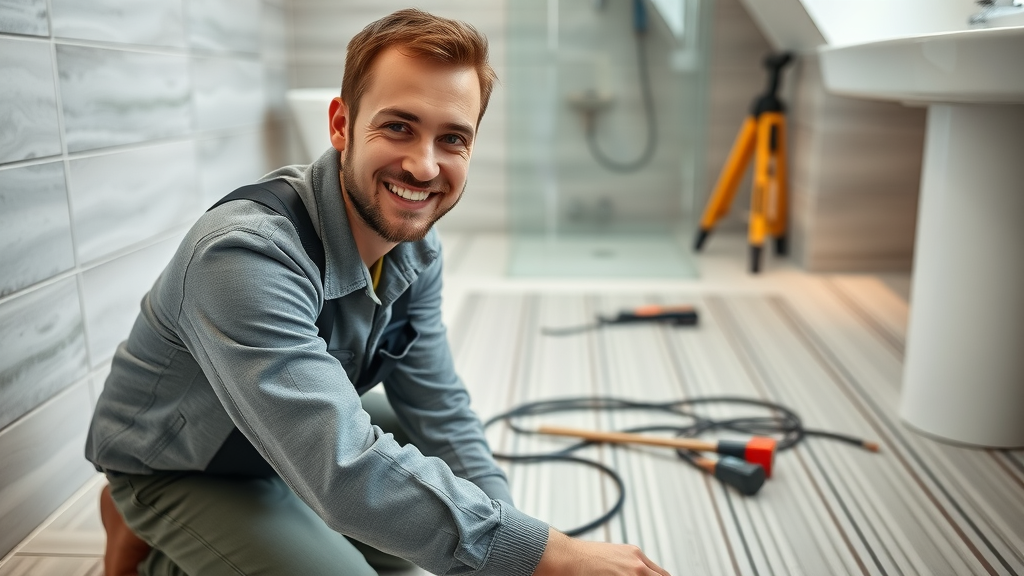Smiling installer showing underfloor heating system wiring in modern bathroom renovation