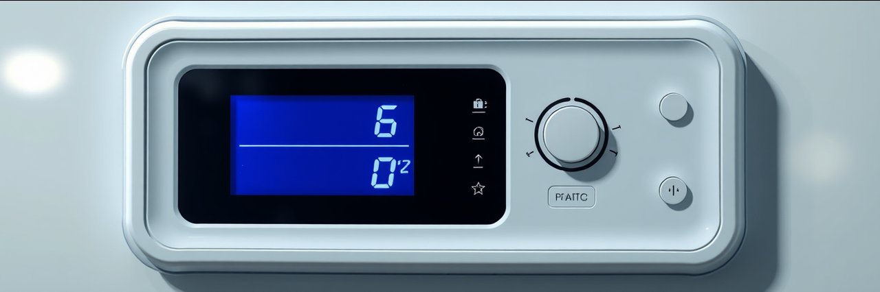 Digital boiler panel with controls highlighting emergency plumbing services.