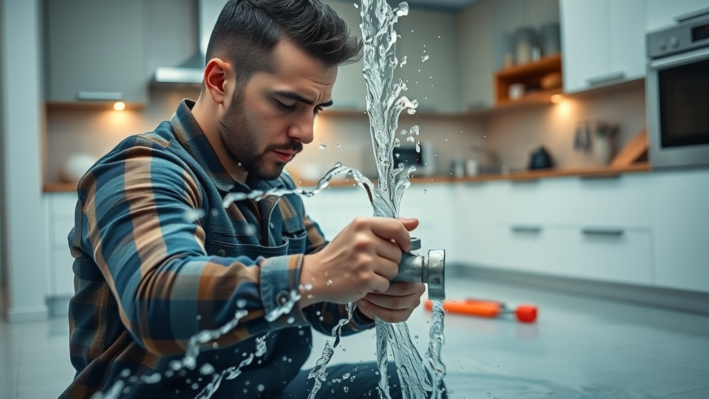 Emergency plumbing services fixing burst pipe in flooded modern kitchen