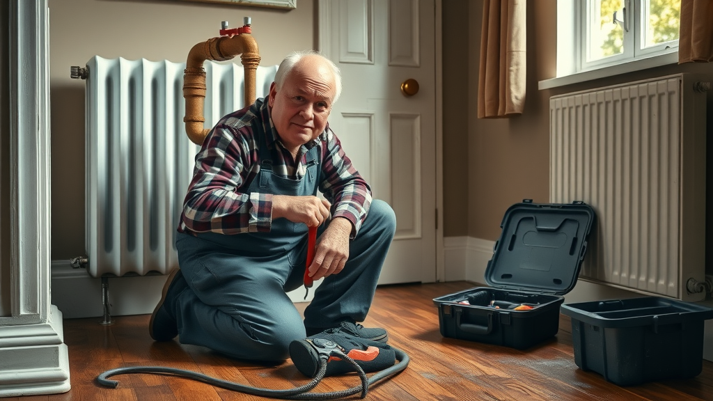 Emergency plumbing services technician halting radiator leak in Sheffield home