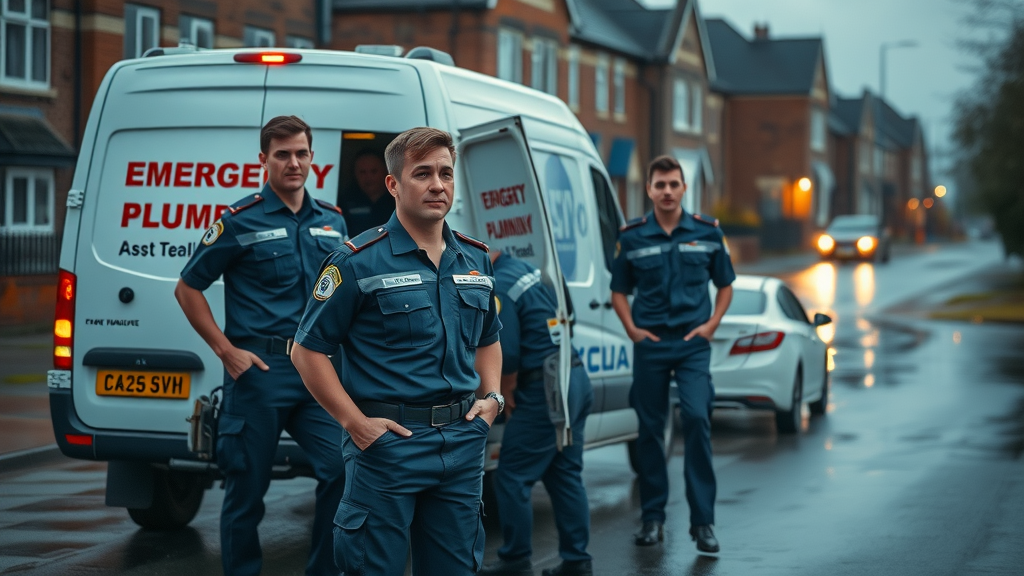 Emergency plumbing services team arriving on Sheffield street in rain