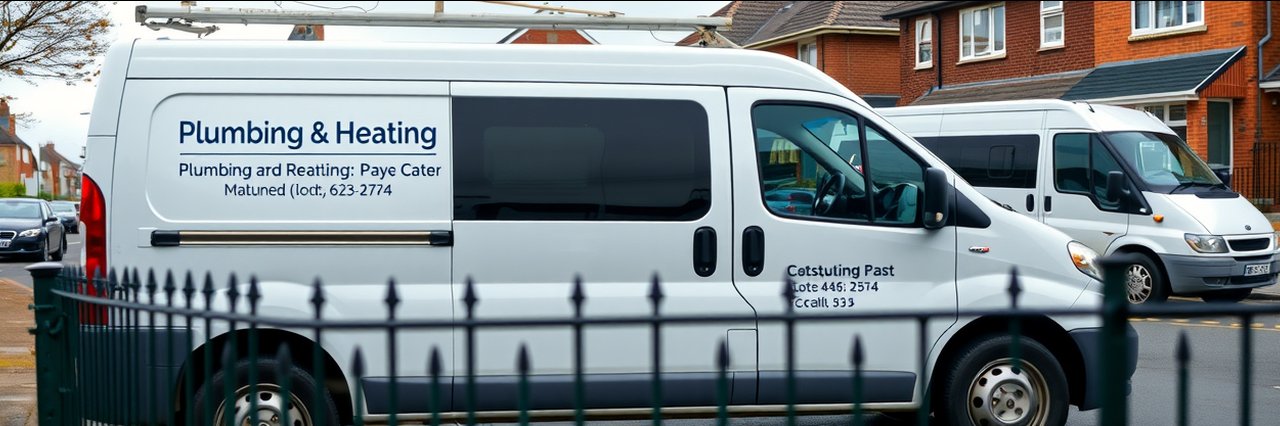 Boiler repairs expertise van parked on residential street with company details.