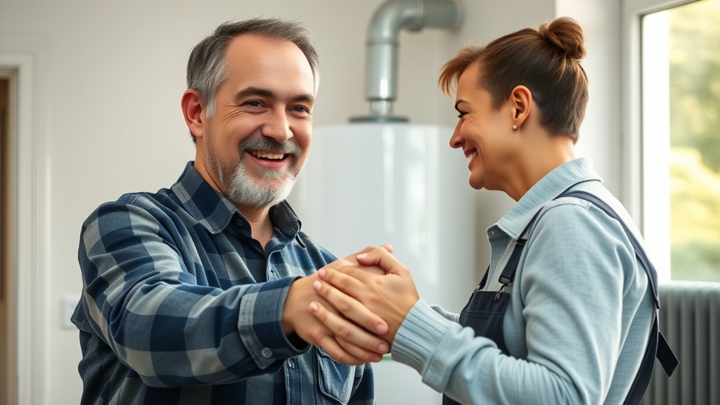 Satisfied customer and skilled boiler repair expert after successful repair
