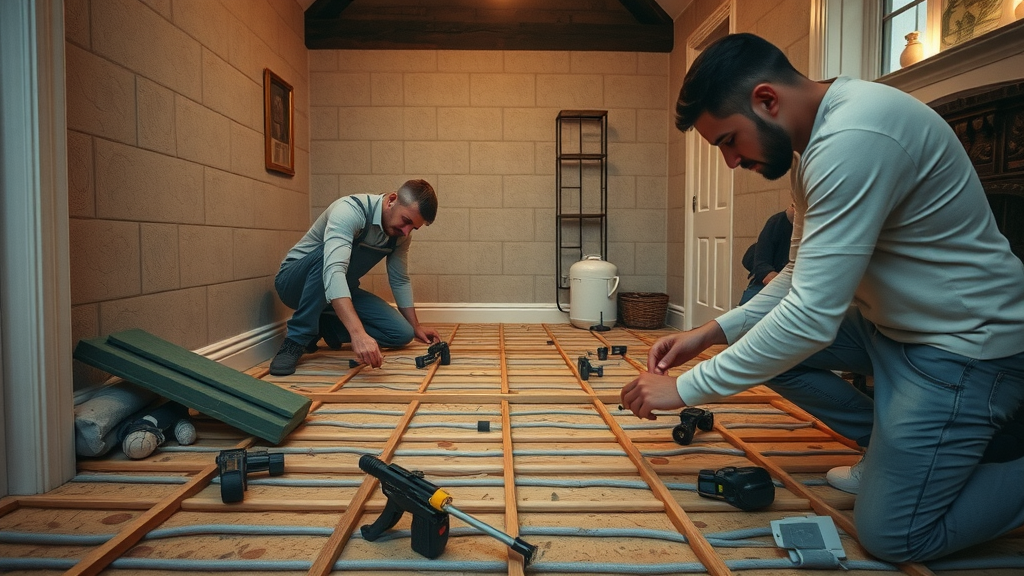 Builders retrofitting underfloor heating, lifting floorboards, visible insulation, UK period property renovation, some disruption