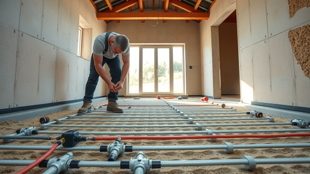 Technician installing underfloor heating pipes in screed, new home build, floor heating investment, uk home construction