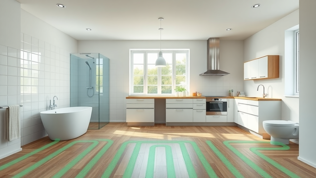 Underfloor heating cross-section in contemporary bathroom and kitchen, modern home environment, floor heating application UK