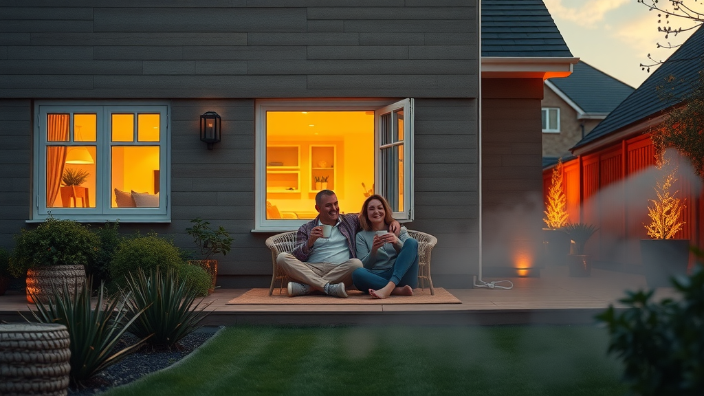 Energy-efficient modern uk home at dusk, visible floor heating glow, happy couple with coffee, underfloor heating value and comfort