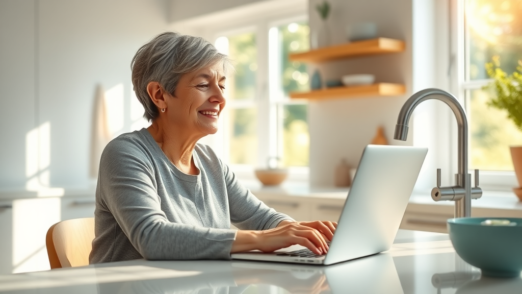 Woman using laptop for online plumbing estimates in modern kitchen
