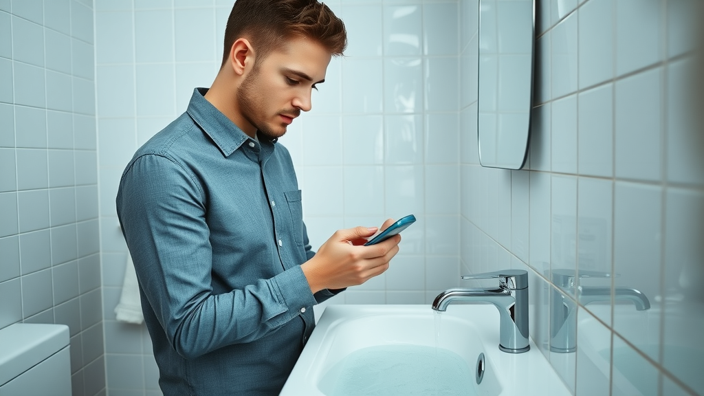 Man checking online plumbing estimates for bathroom sink repairs