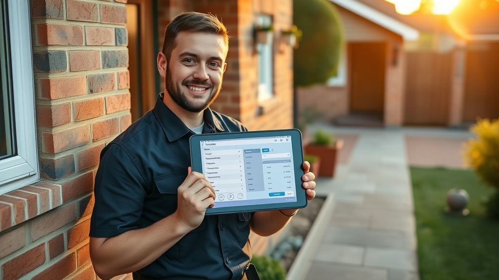 Plumber with tablet provides online plumbing estimates to customers