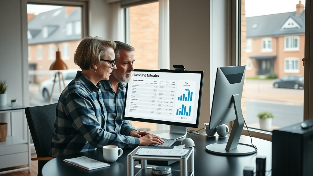 Couple uses computer for online plumbing estimates in home office
