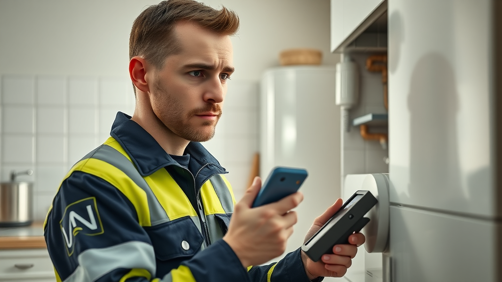 Gas safety checks by professional engineer inspecting modern home boiler.