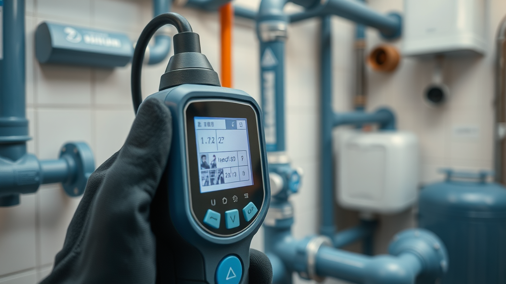Handheld gas leak detector in use during gas safety checks at home.