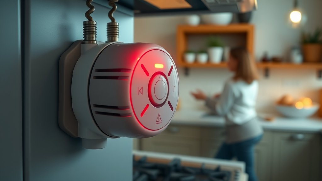 Carbon monoxide alarm illuminated during gas safety check in household kitchen.
