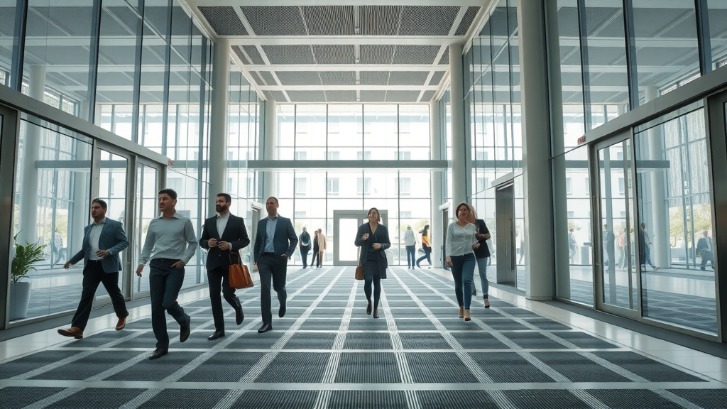 Modern commercial building lobby featuring commercial underfloor heating, spacious interior, business people, natural lighting