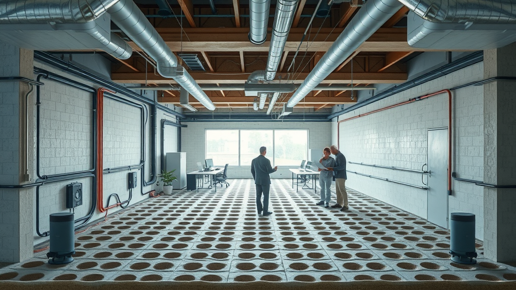 Technical cross-section of commercial underfloor heating, pipes, wiring, and insulation layers in a modern workspace