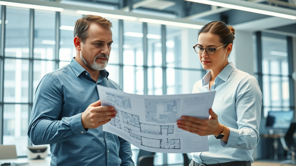 Professional engineer and building manager reviewing underfloor heating digital floor plans in modern office